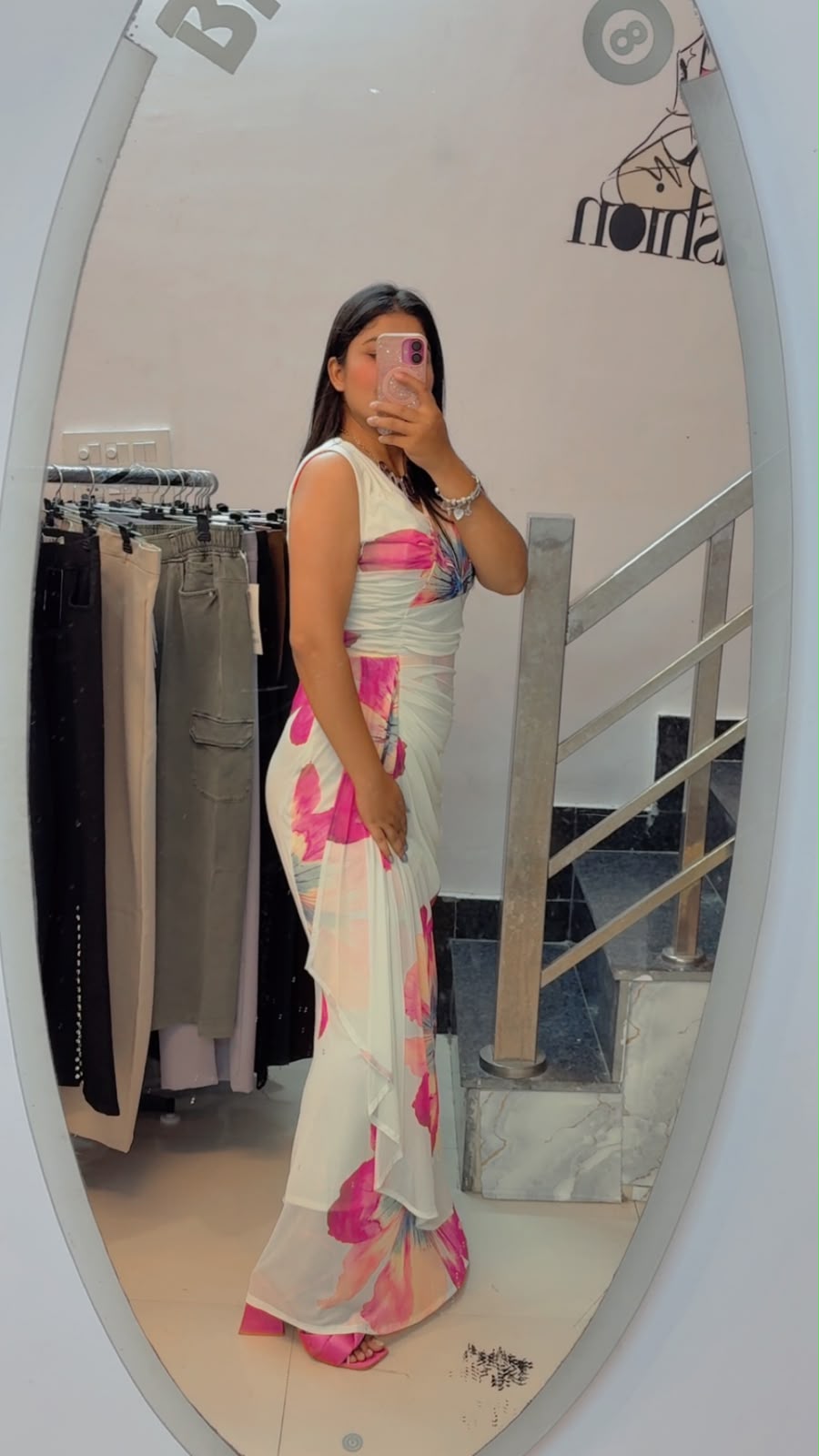 White and pink floral draped maxi dress
