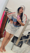 White mesh hooded layered mini dress with graphic panel