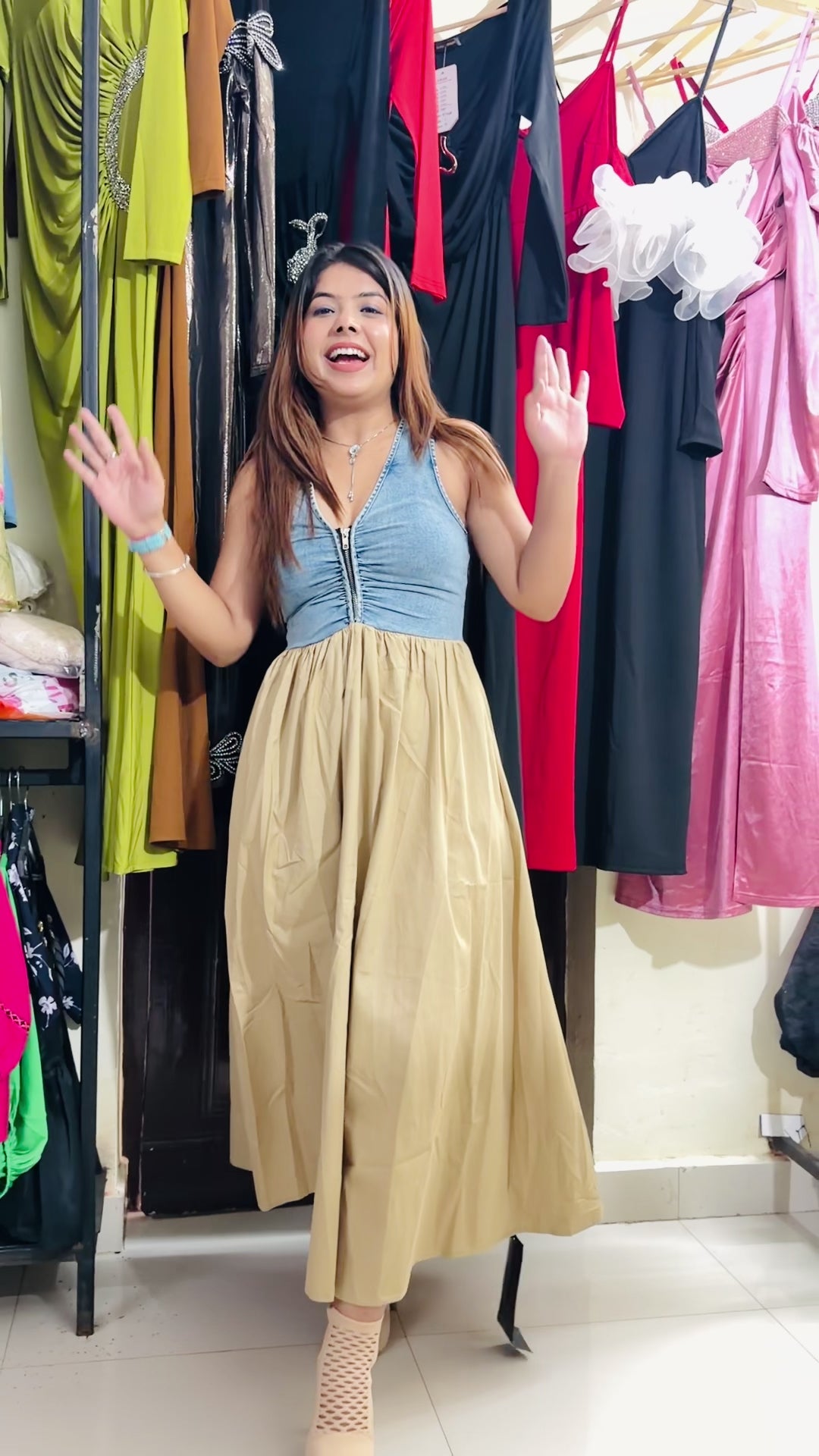 Denim Ruched Bodice Tiered Maxi Dress